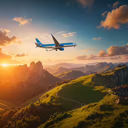a blue airplane flying in a bright, cloudy sky,a large passenger airplane flying over a mountain