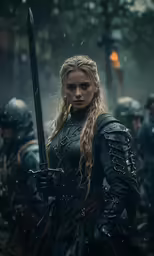 a young woman in armor holding a sword