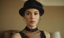 the woman is wearing a hat and dress clothes
