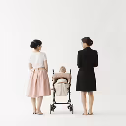 three women wearing dresses with a baby in a pram