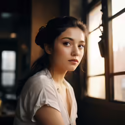 a young woman staring out of a window