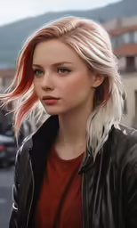 a beautiful young blonde woman wearing a black jacket