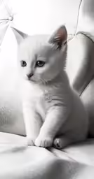 a young white kitten with blue eyes sits on a sofa