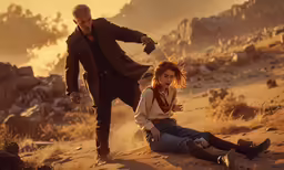 two people are sitting and standing in the desert
