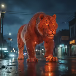 a large tiger walking down the sidewalk at night
