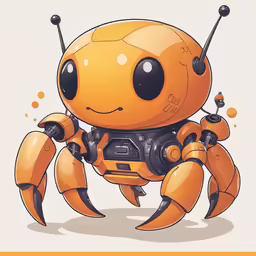 an orange robot is in the foreground, with a smile on its face