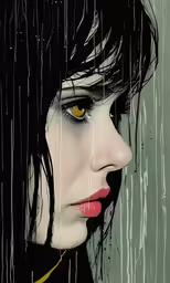a woman with yellow eyes and dark hair in the rain