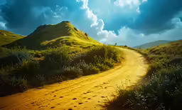 a dirt road through green hills with grass