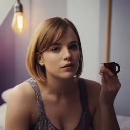 woman in tank top holding coffee mug looking away