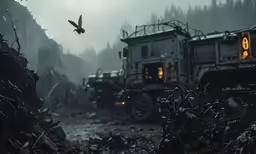 a large bird flies over military vehicles in a mountainous landscape