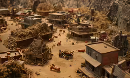 a model town with houses, trees, and cows