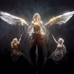 four women are gathered around angels with their arms spread wide