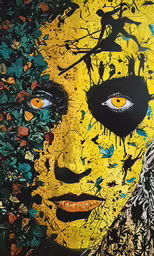 a painting shows the eyes of a woman and butterflies on her face
