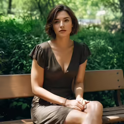woman in dress sitting on bench outside, near bush