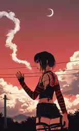 a anime girl smoking an e cigarette standing next to a fence