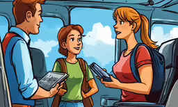 three people talking in an airport plane