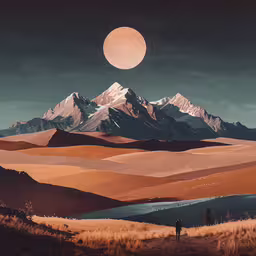 a desert scene with a full moon and people in the background,a painting of some mountains that look like they are in the desert
