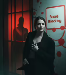 a woman in a dark suit standing by a red sign