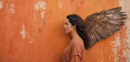 a woman standing near an orange wall with a wings above her head