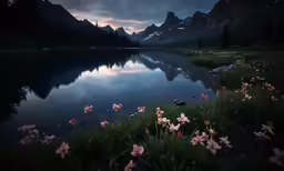 flowers are blooming on the shore of a lake