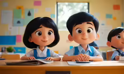 three children in uniforms sit at a desk in a classroom