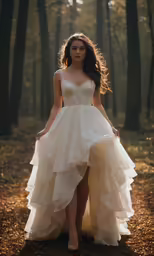 a girl standing on the road with her dress blowing in the wind