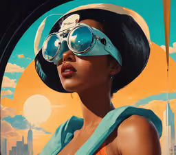 a woman in a dress and large sunglasses,a painting of a lady with sun glasses on