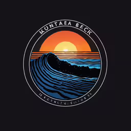 the kontafafe rock logo on an image of waves in front of an orange and,the logo for konifata beach, with a sunset behind it