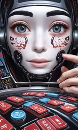 a futuristic woman with red and black buttons around her face