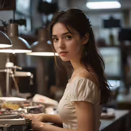 a young woman is standing behind a stove