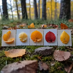 a bunch of autumn leaf pieces are lying on the ground