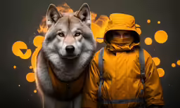a dog in a yellow jacket is posing for a picture
