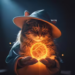 a cat in a hat and a suit holding a glowing ball