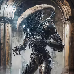 a robot walks in a dark alley near an entrance