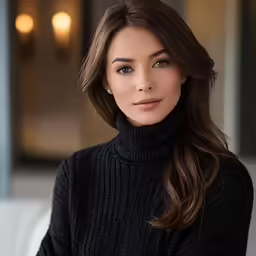 a woman with shoulder length hair posing in front of a white couch