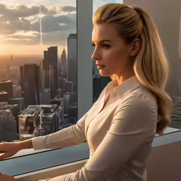 a beautiful blonde woman looking out a window at the city