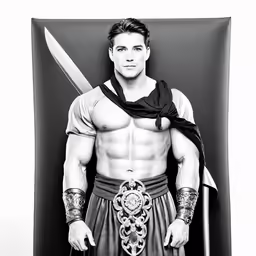 a man wearing roman armor and holding a sword