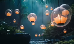 a bunch of glass lanterns floating in the air