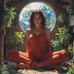 the woman sits in front of a large circular window