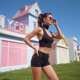 a woman in black underwear wearing a high collar top