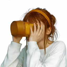 a person is looking through a bine with a white shirt