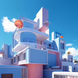 a painting of some buildings against a blue sky