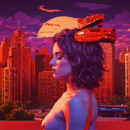 an artistic painting of a woman with cars on her head,a poster of a naked woman with her car on her head