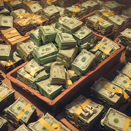 the stacks of dollars are in small plastic containers,a variety of money bundles are seen stacked in plastic bins