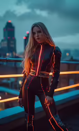 a woman with blonde hair standing on top of a roof