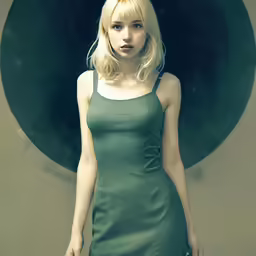 a woman posing for a photograph in a green dress