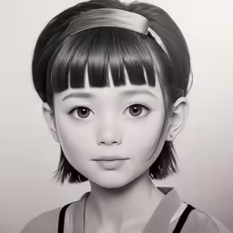 a girl with bangs on her head, with a gray background