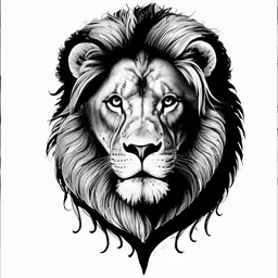 an ink painting depicting a lion with black hair and blue eyes