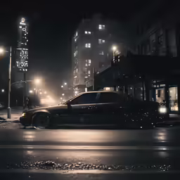 a dark city street at night with bright lights