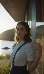 a woman with a suspender standing in front of a glass building